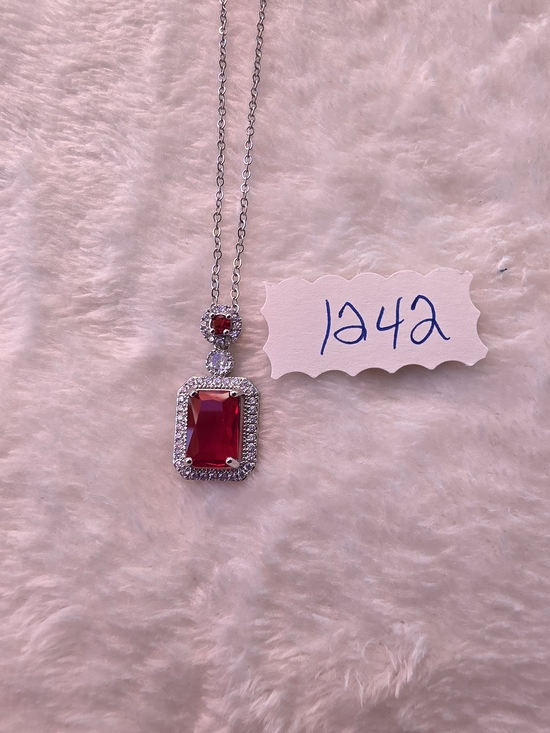 Jewelry - Stainless Steel Red Gem Halo Pendant Necklace